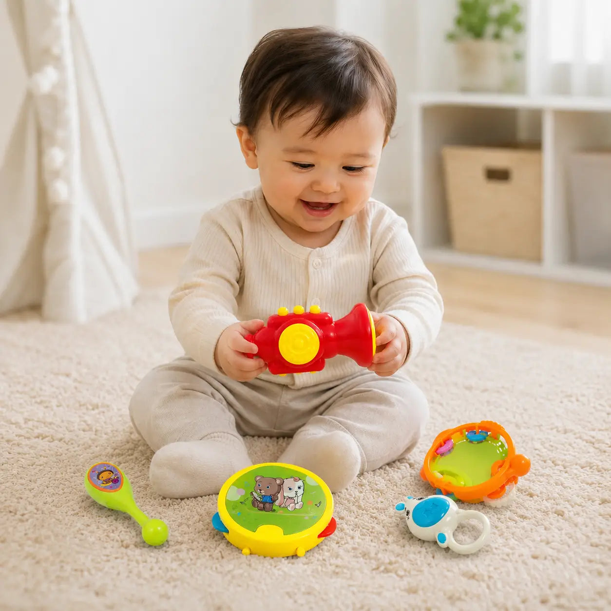 Toddler playing with colorful 5 PCS baby musical toy set with horn, drum and rattles