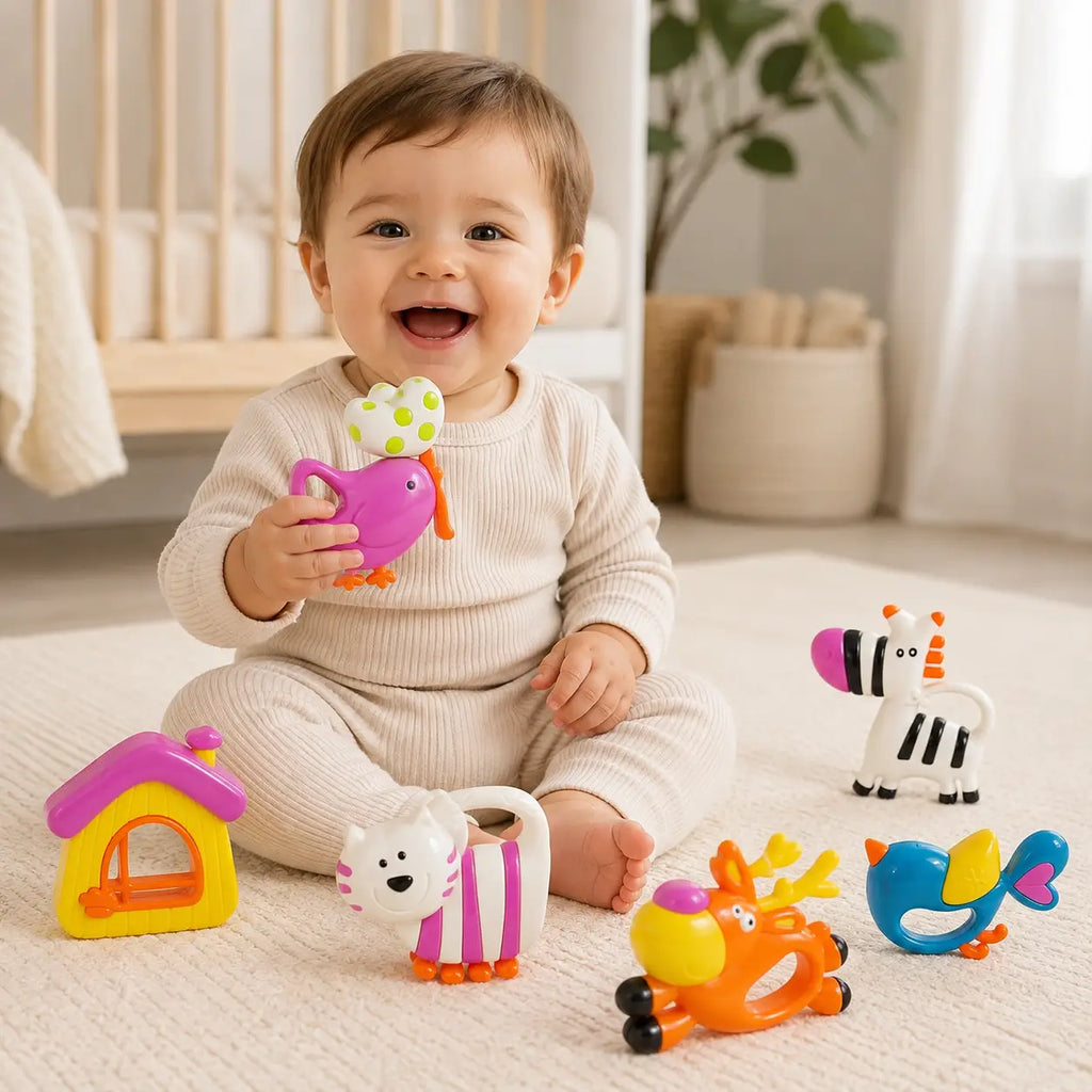 Smiling baby playing with colourful Loving Hut animal rattles in a nursery