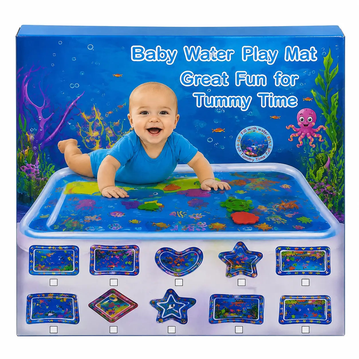 Baby Water Play Mat box front showing inflatable tummy time sensory mat with underwater theme.
