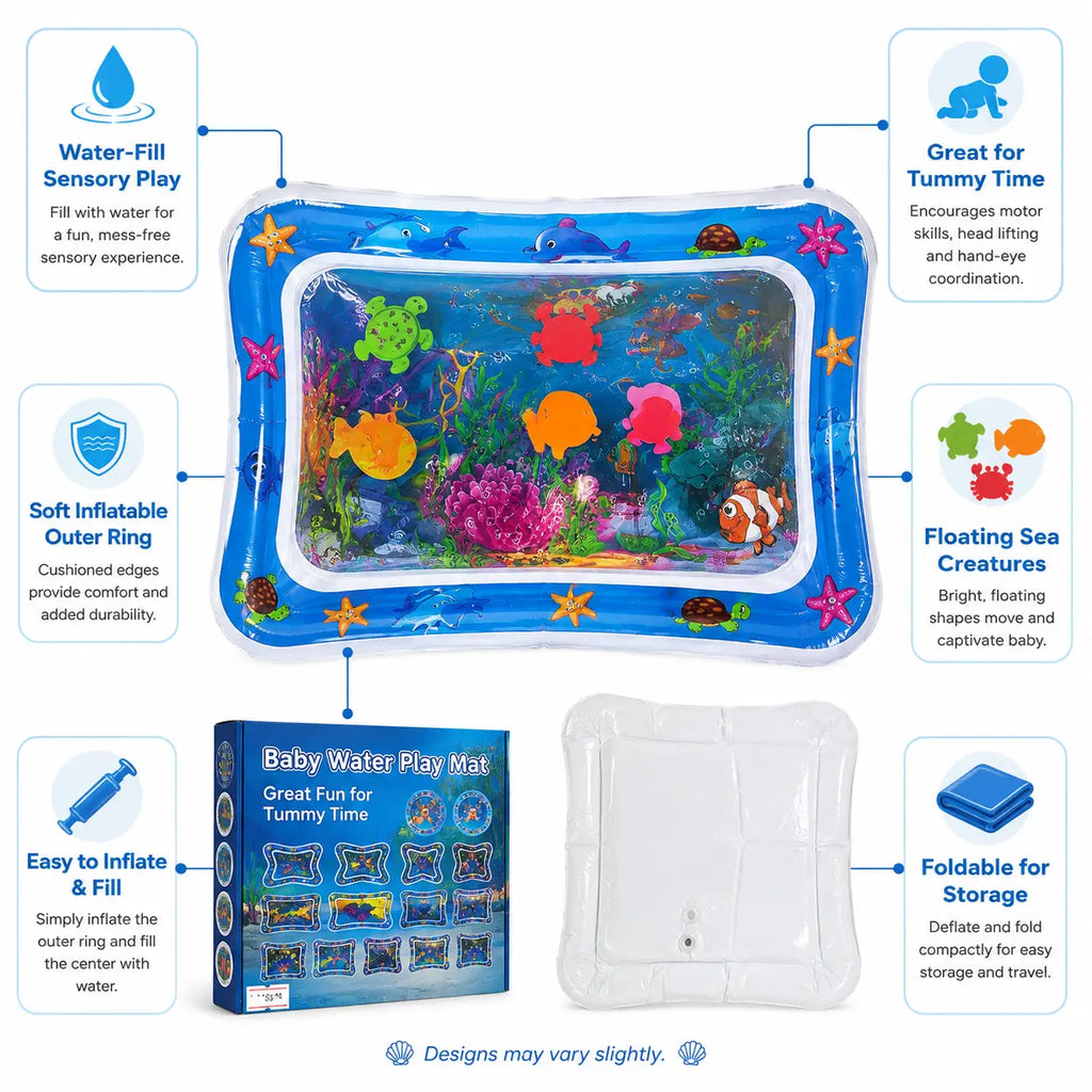 Baby water play mat features showing water-fill sensory play, inflatable border, floating sea creatures and foldable design.