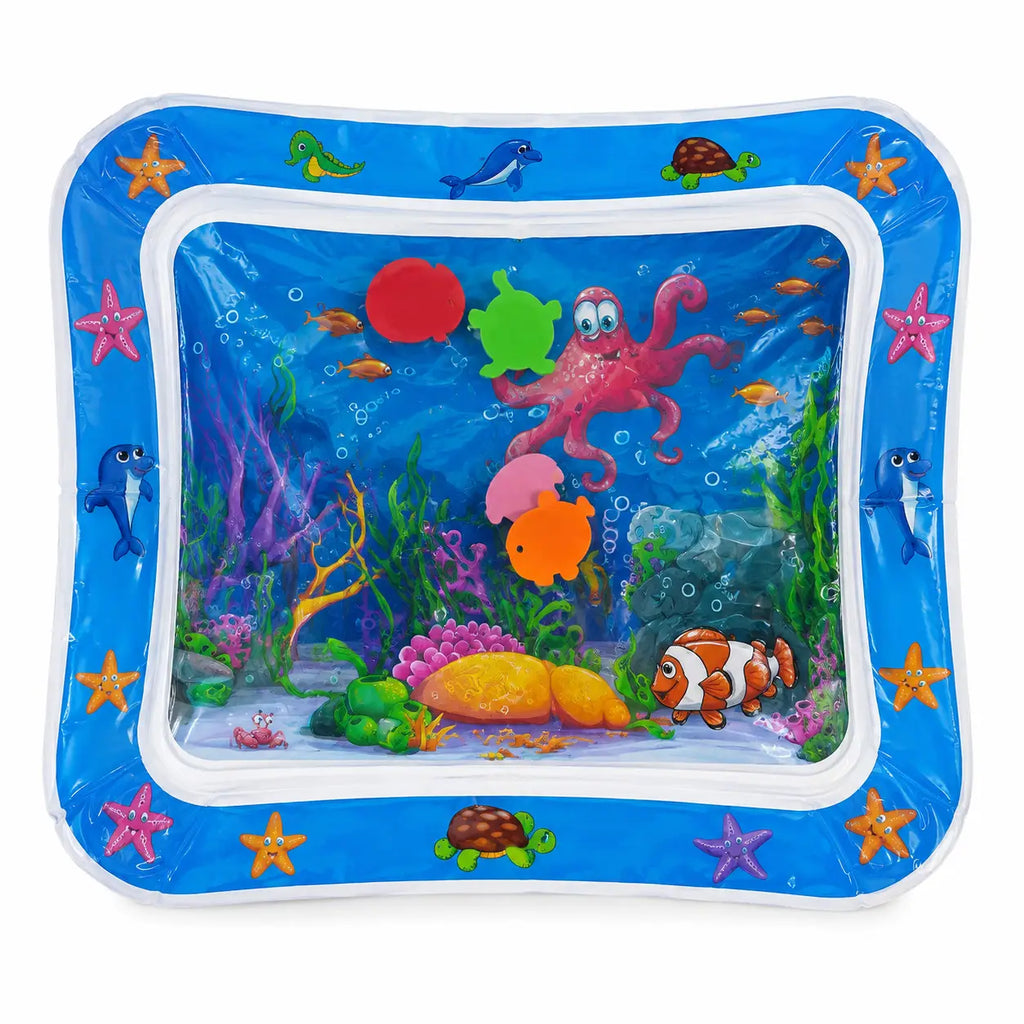 Blue baby water play mat with colorful ocean design and floating sea creatures for tummy time.