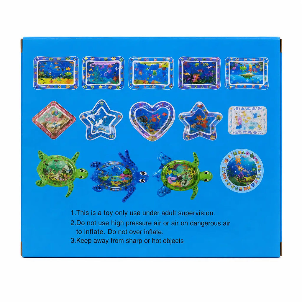 Baby water play mat packaging back view showing available tummy time mat designs and safety instructions.