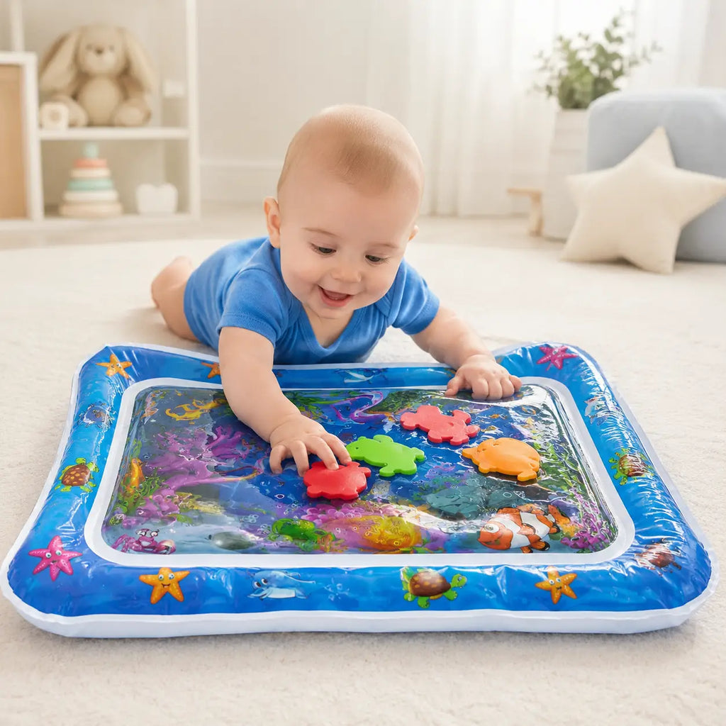 Baby enjoying supervised tummy time with blue water play sensory mat and colorful floating sea creatures.