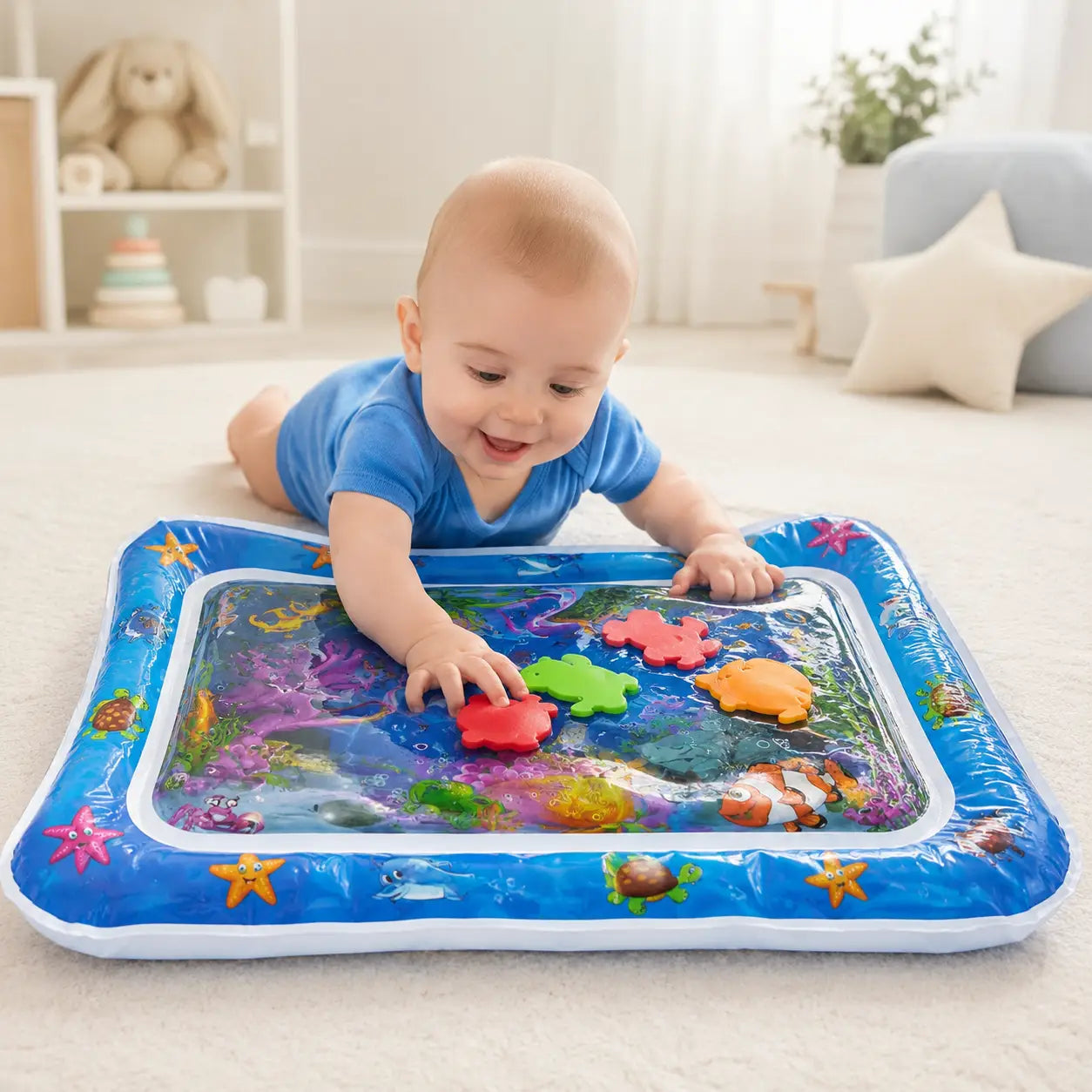 Baby enjoying supervised tummy time with blue water play sensory mat and colorful floating sea creatures.