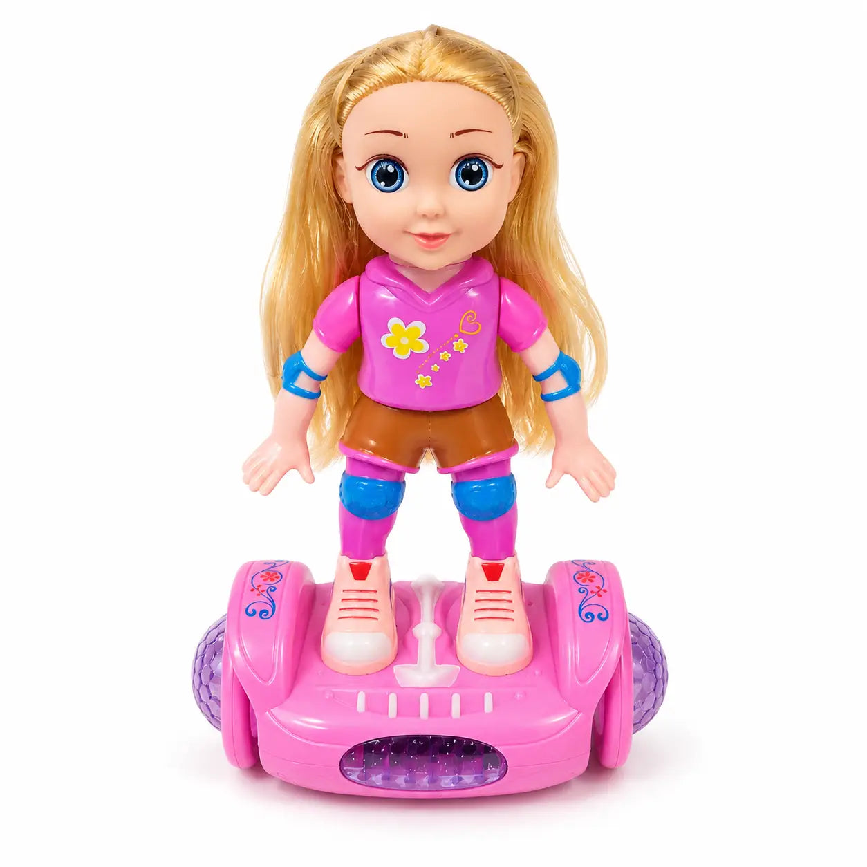 Front view of battery operated pink doll balance car toy for kids aged 3 plus