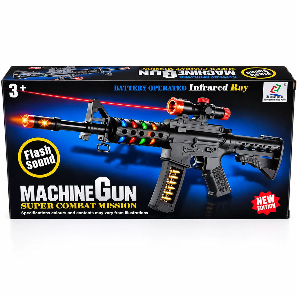 Battery operated machine gun toy box with flash sound scope and light features for kids aged 3 years and above.