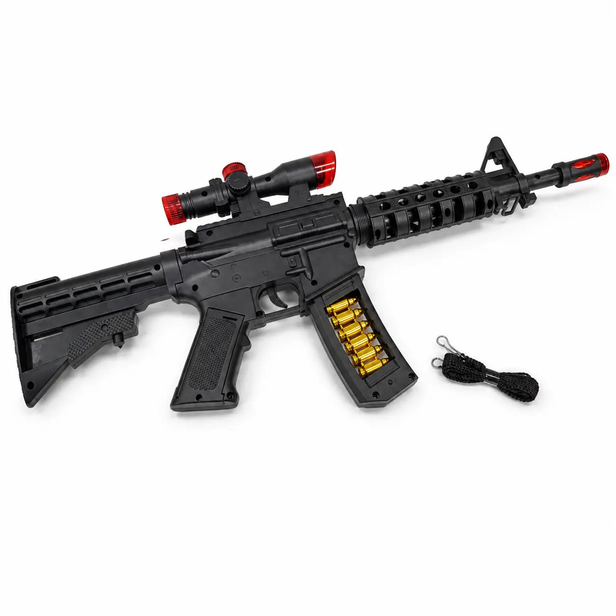 Full black battery operated toy machine gun with scope detachable stock decorative magazine and carrying strap
