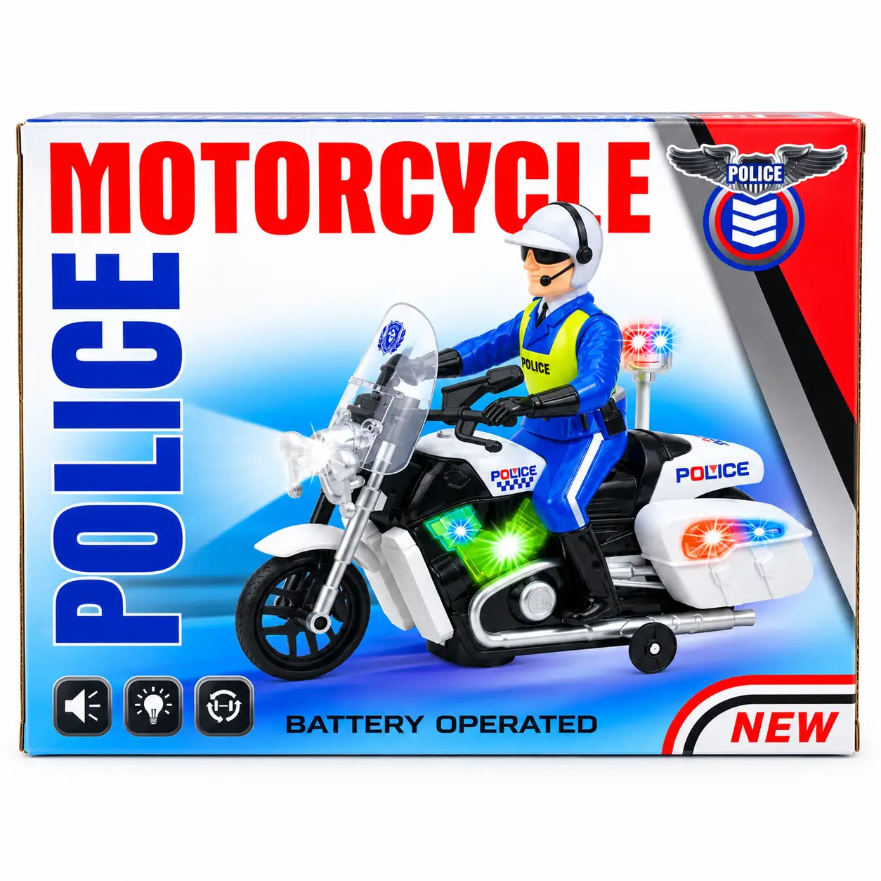 Boxed toy police motorcycle set on a white background. The packaging shows a blue and white toy motorcycle with a police officer figure, large red 'MOTORCYCLE' text, blue 'POLICE' text, and icons indicating battery-operated features.