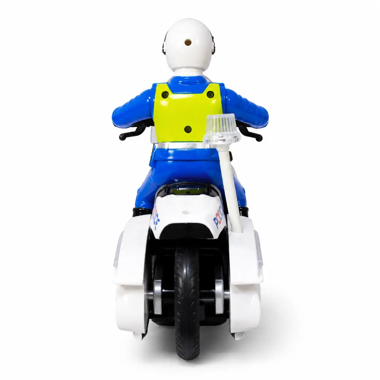 A children's ride-on toy motorcycle with a police officer figure rider, shown from the rear. The toy features a blue and white body with a bright yellow back panel and a white helmeted rider figure.
