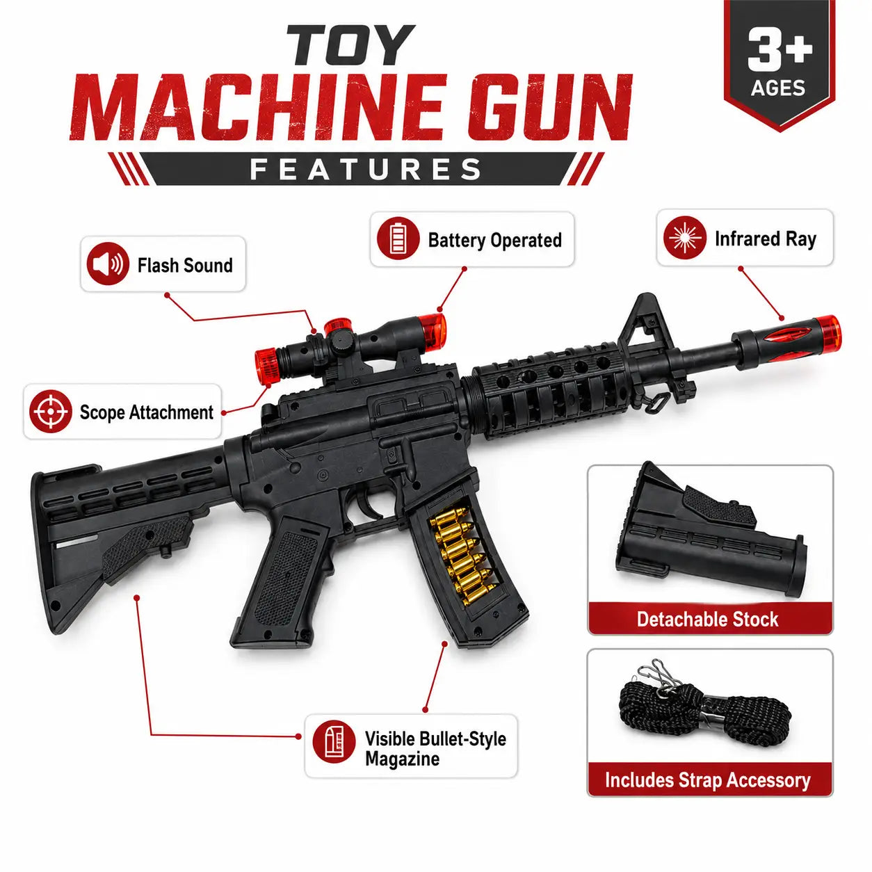 Battery operated black toy machine gun with flash sound scope detachable stock strap and feature callouts
