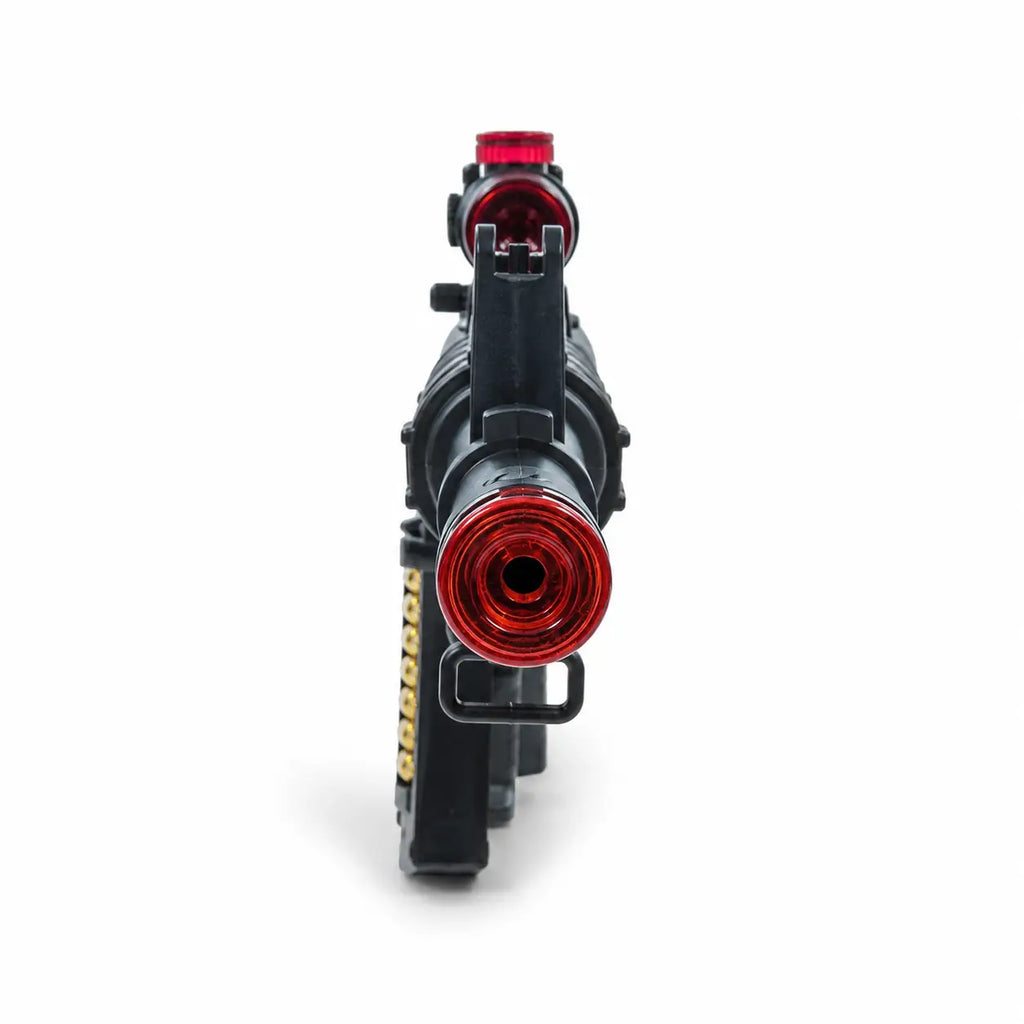 Front view of black kids toy machine gun showing red muzzle and mounted scope