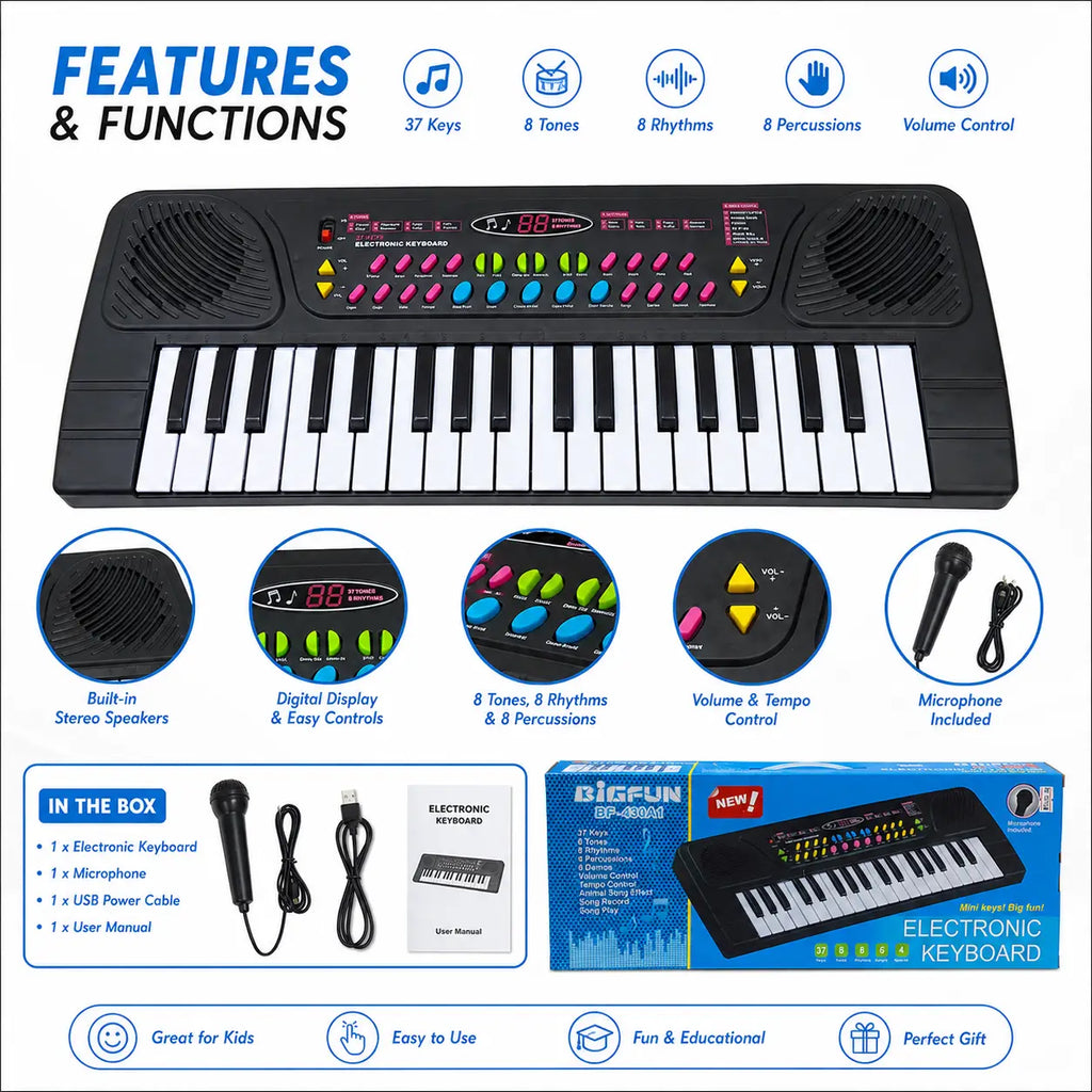 BIGFUN BF-430A1 37-key electronic keyboard for kids showing tones rhythms speakers controls and microphone features
