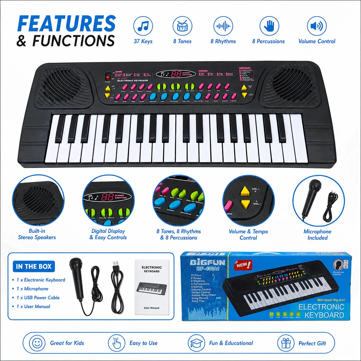 BIGFUN BF-430A1 37-key electronic keyboard for kids showing tones rhythms speakers controls and microphone features