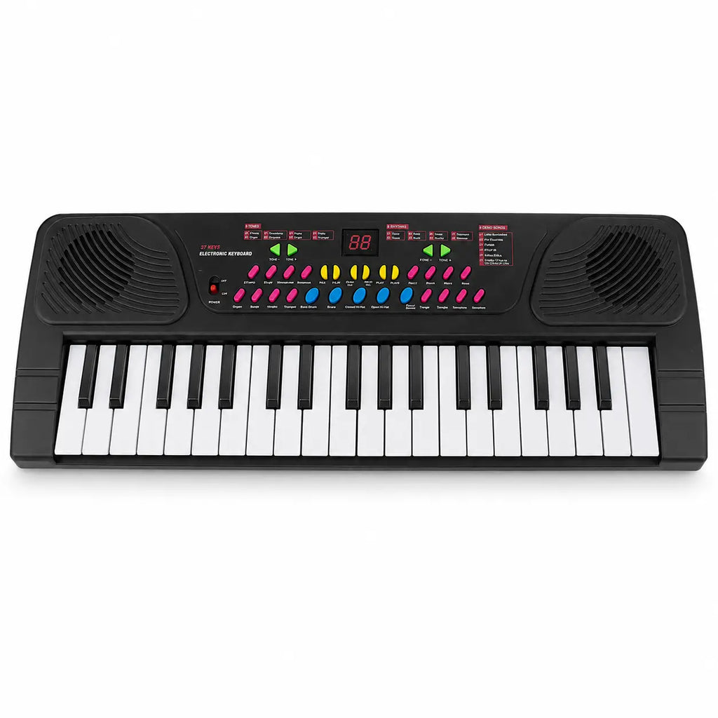 BIGFUN BF-530A1 black 37-key electronic keyboard for kids front view with built-in speakers and colorful controls