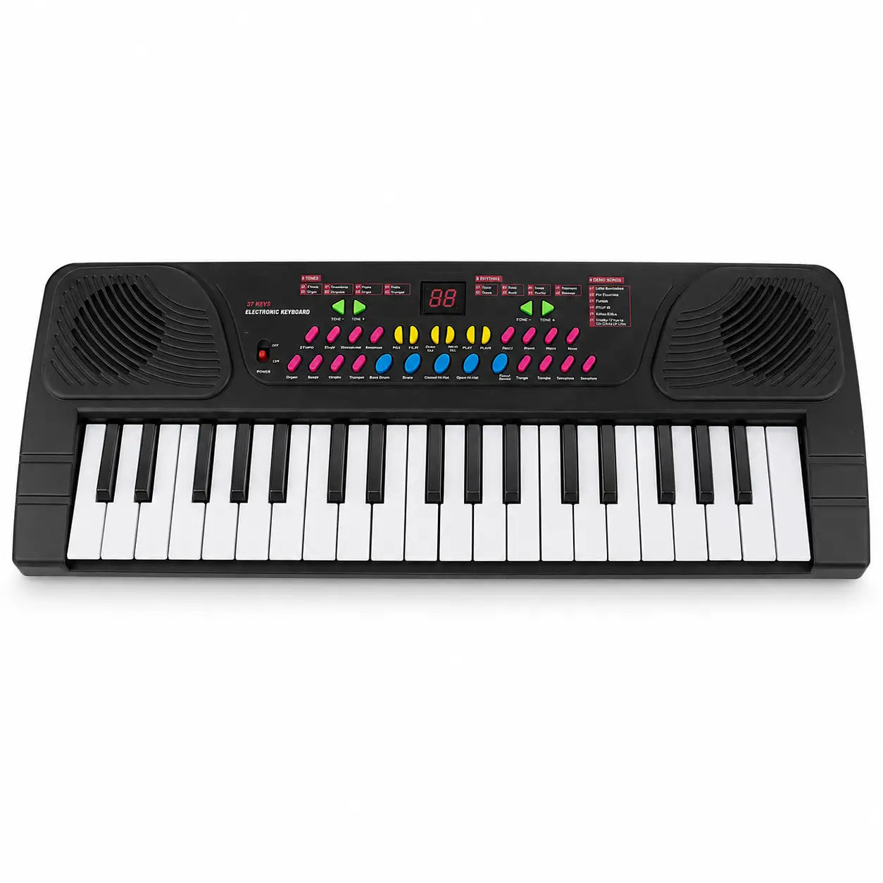 BIGFUN BF-530A1 black 37-key electronic keyboard for kids front view with built-in speakers and colorful controls