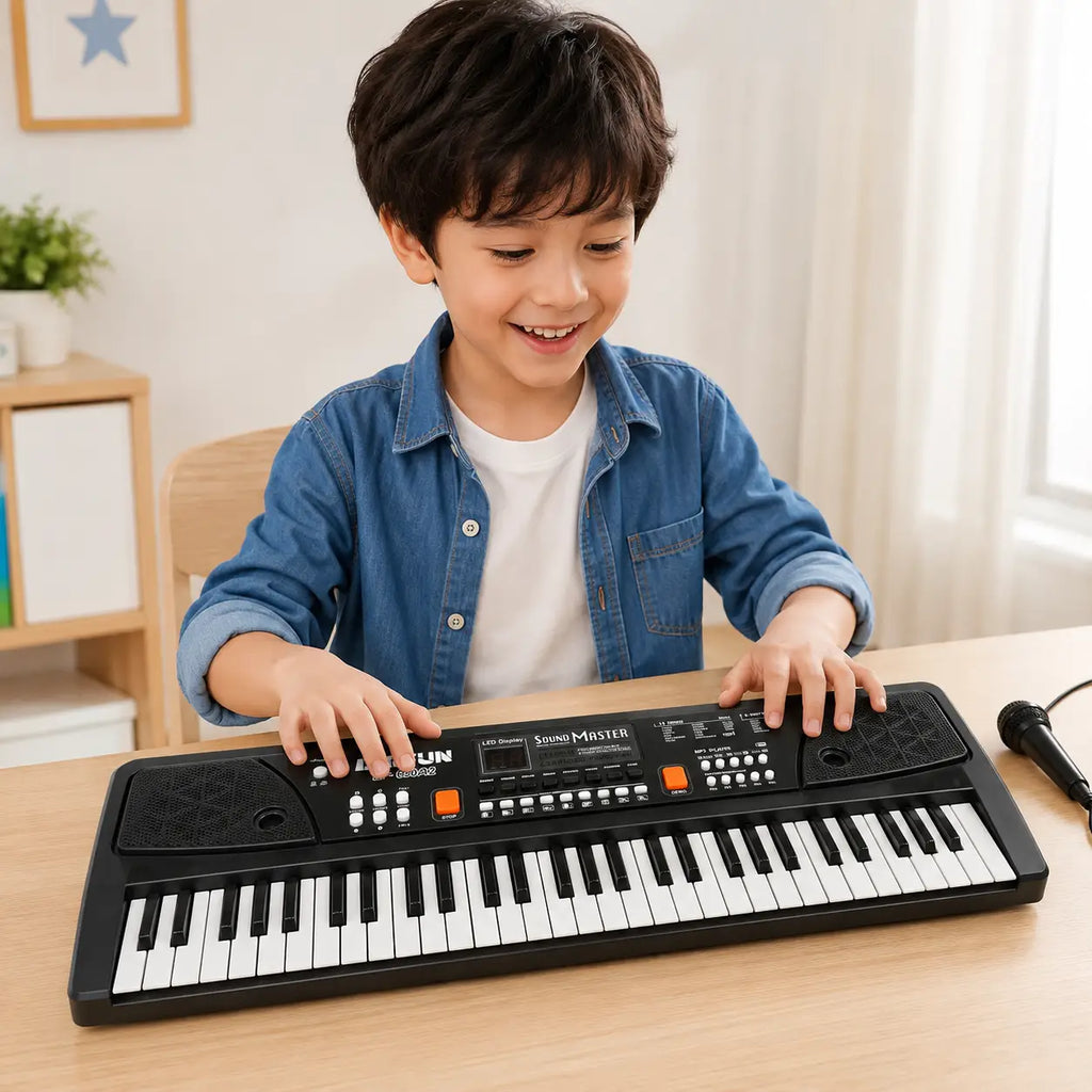 Child playing BIGFUN BF-630A2 61-key electronic keyboard with microphone for kids