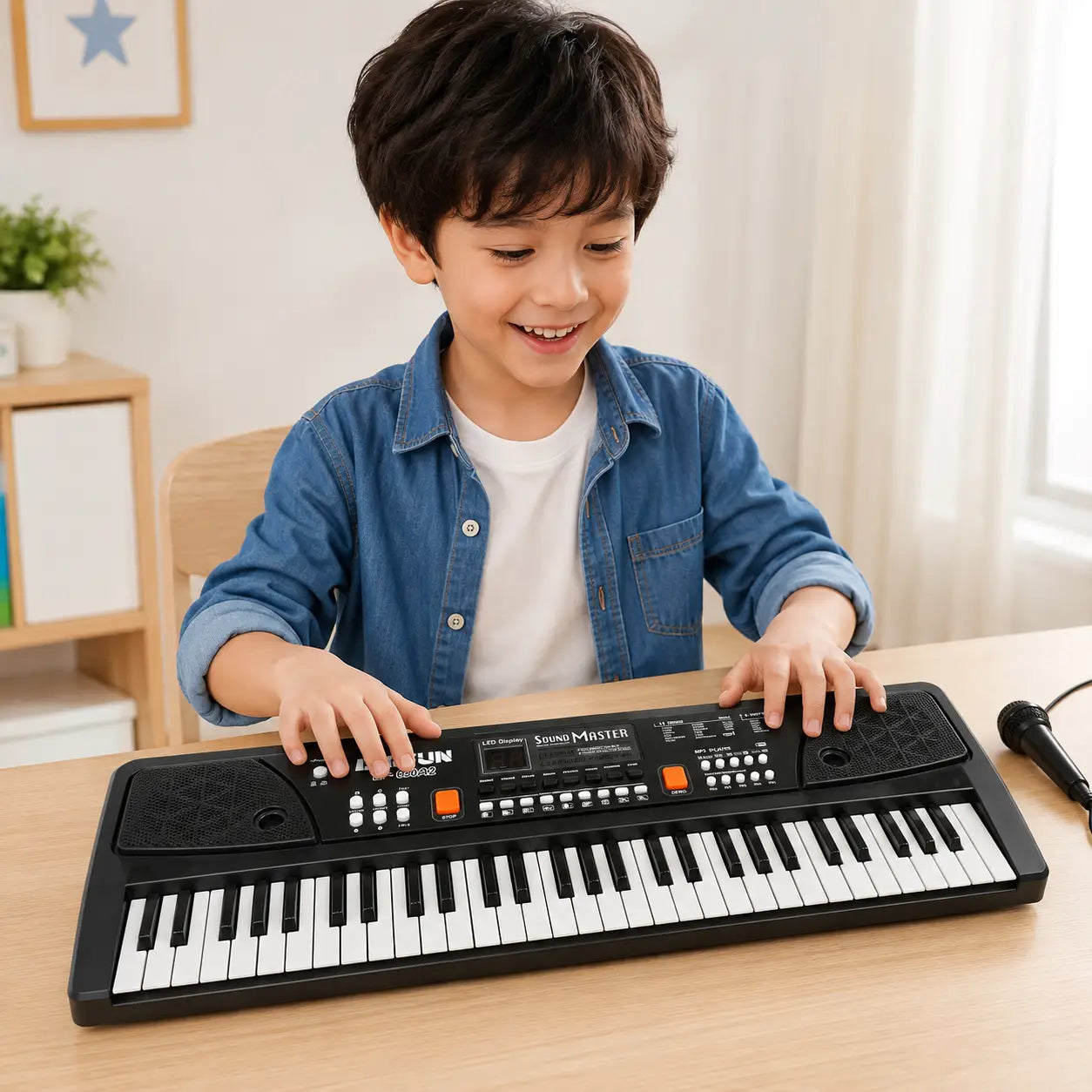 Child playing BIGFUN BF-630A2 61-key electronic keyboard with microphone for kids