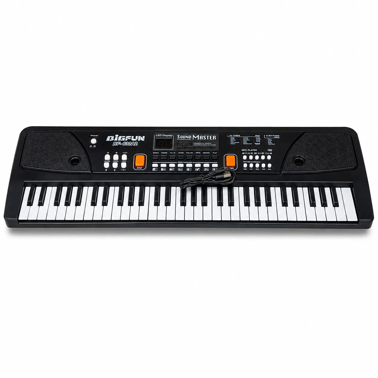 BIGFUN 61-key electronic keyboard with USB cable, dual speakers and digital control panel