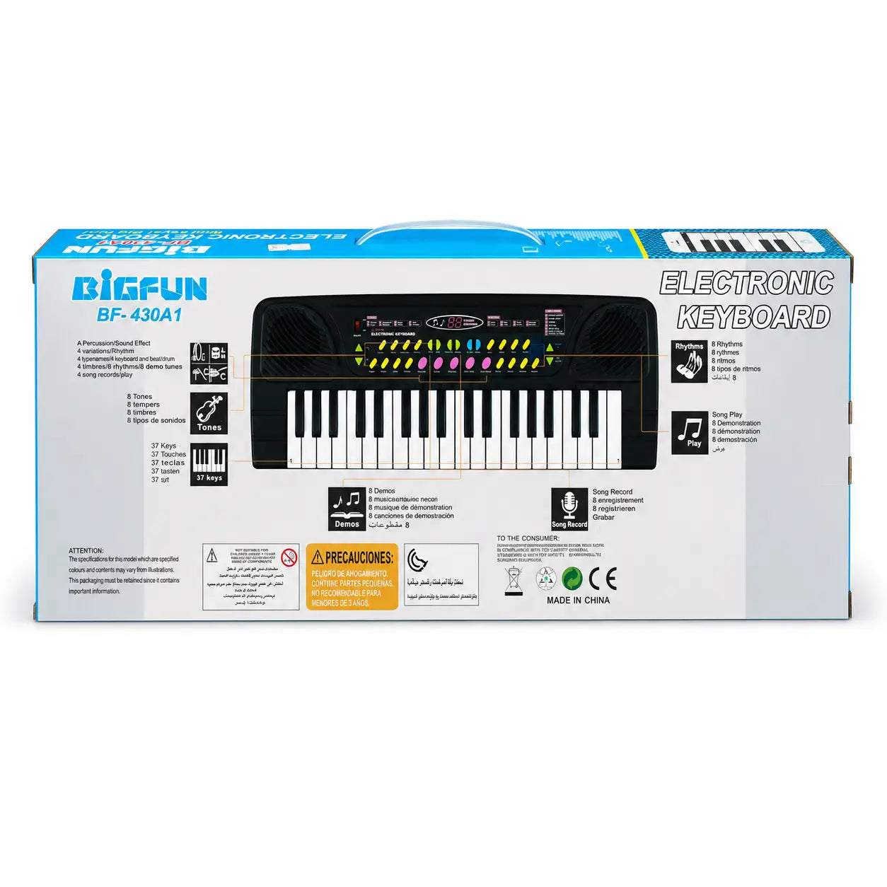 BIGFUN BF-430A1 37-key electronic keyboard packaging back view with product functions and specifications