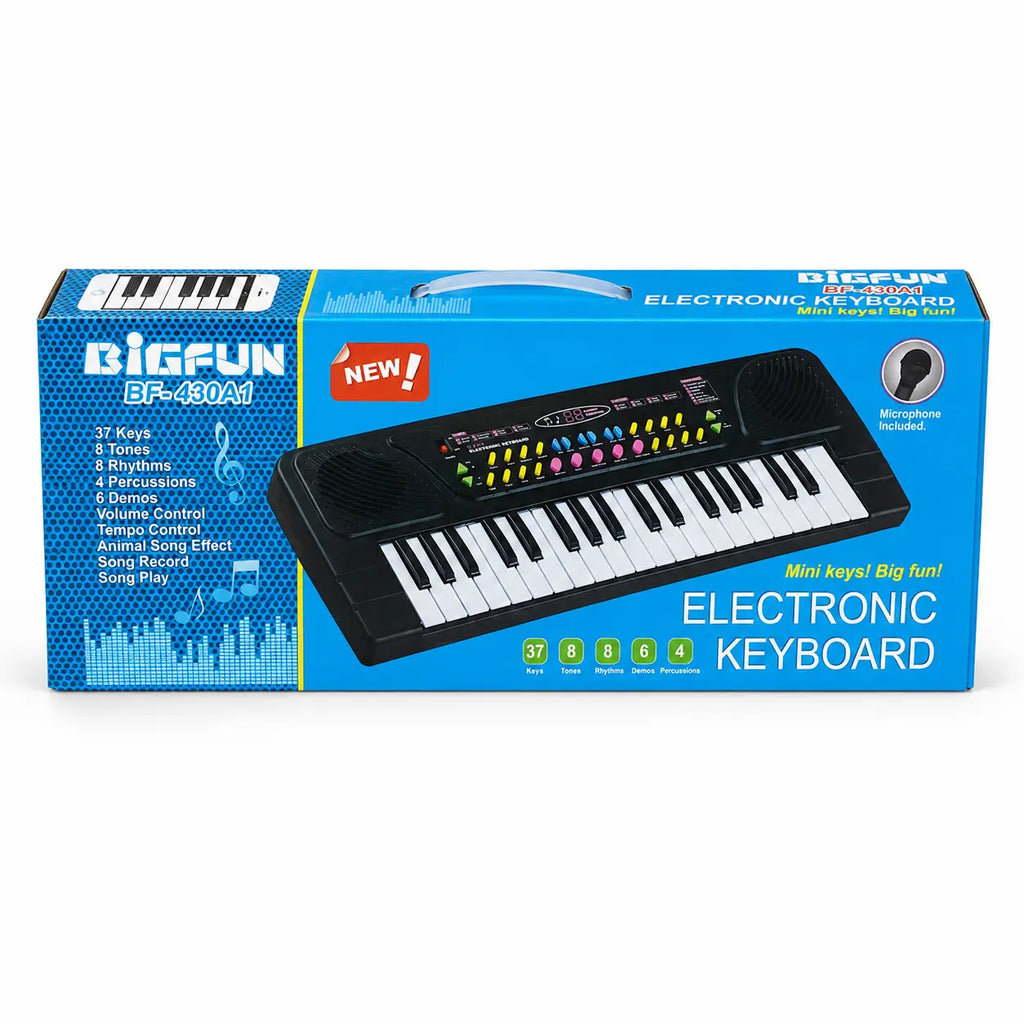 BIGFUN BF-430A1 kids electronic keyboard with microphone retail box front view