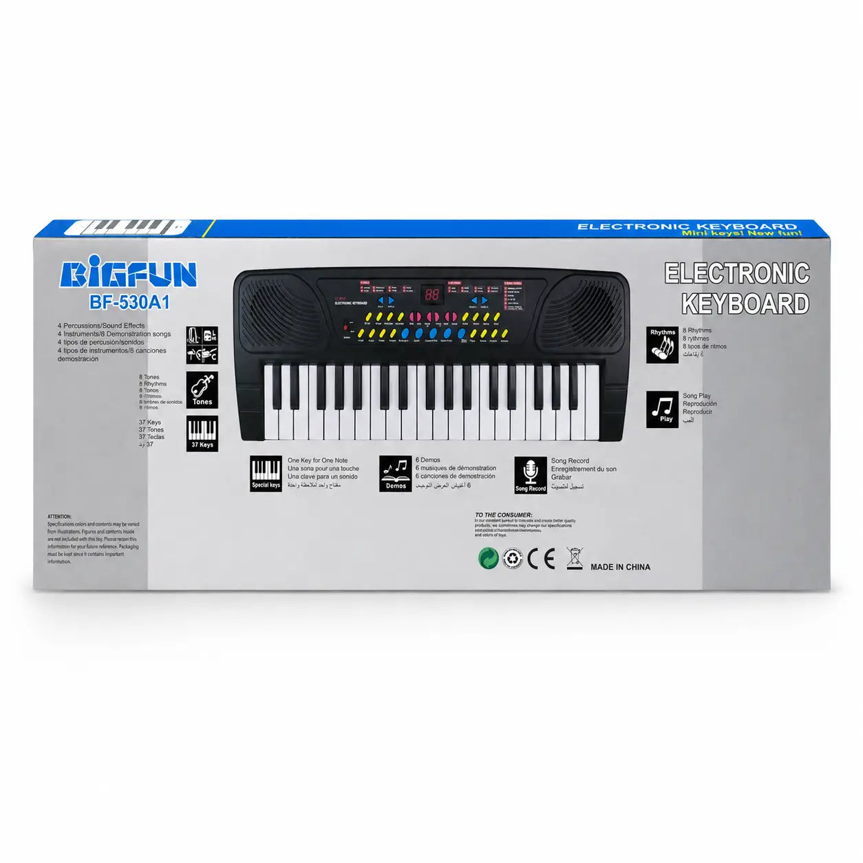 BIGFUN BF-530A1 electronic keyboard packaging back view showing keyboard functions and features