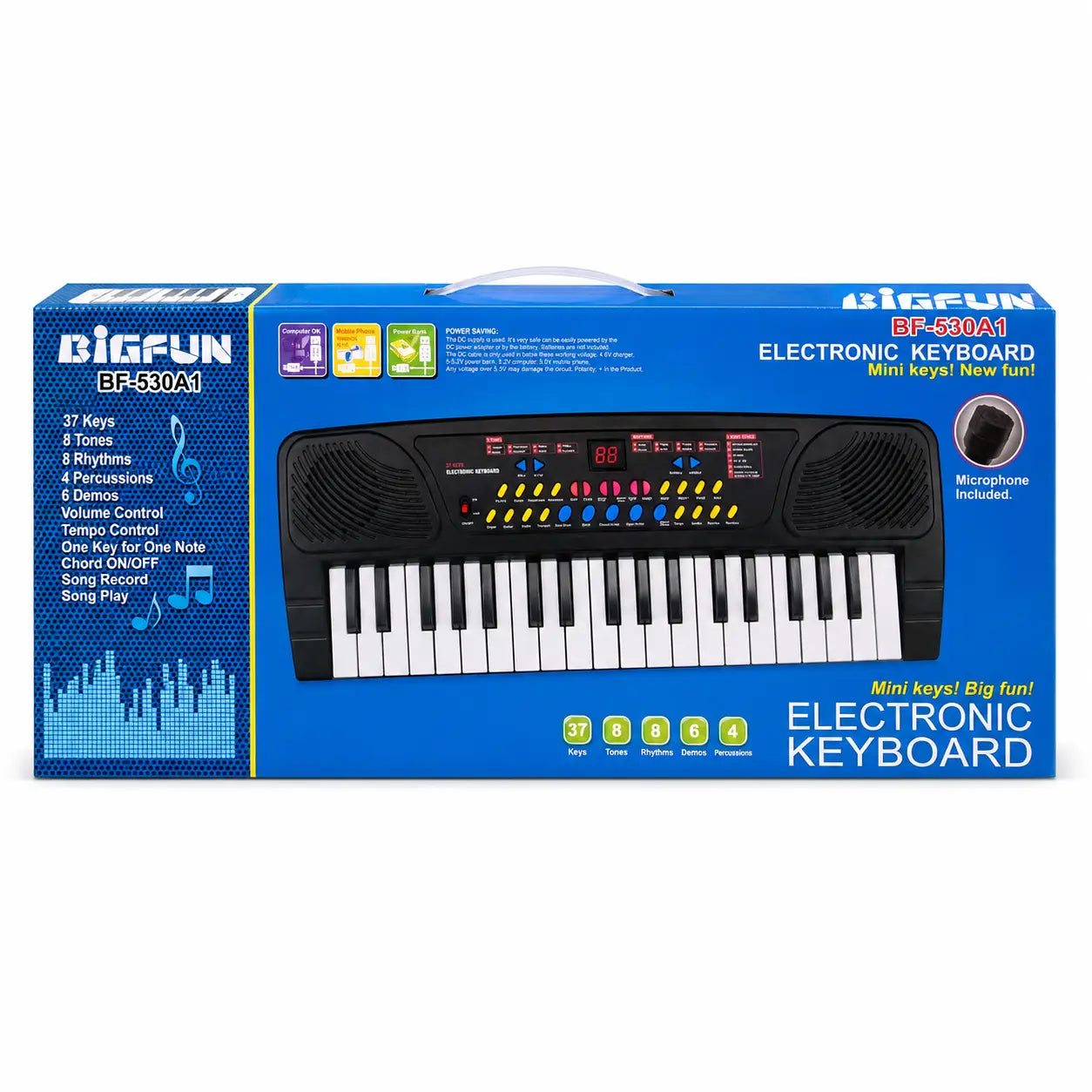 BIGFUN BF-530A1 37-key electronic keyboard retail box front view with microphone included