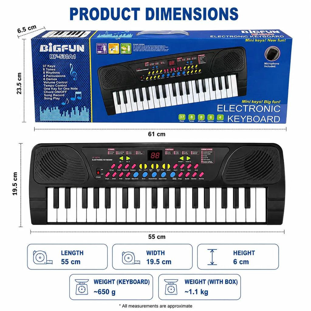 BIGFUN BF-530A1 kids electronic keyboard dimensions and approximate size guide with product box