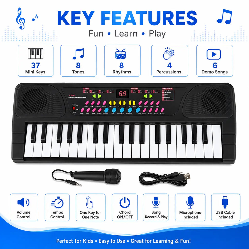 BIGFUN BF-530A1 37-key kids electronic keyboard showing 8 tones, 8 rhythms, percussion sounds, demo songs, microphone and USB cable