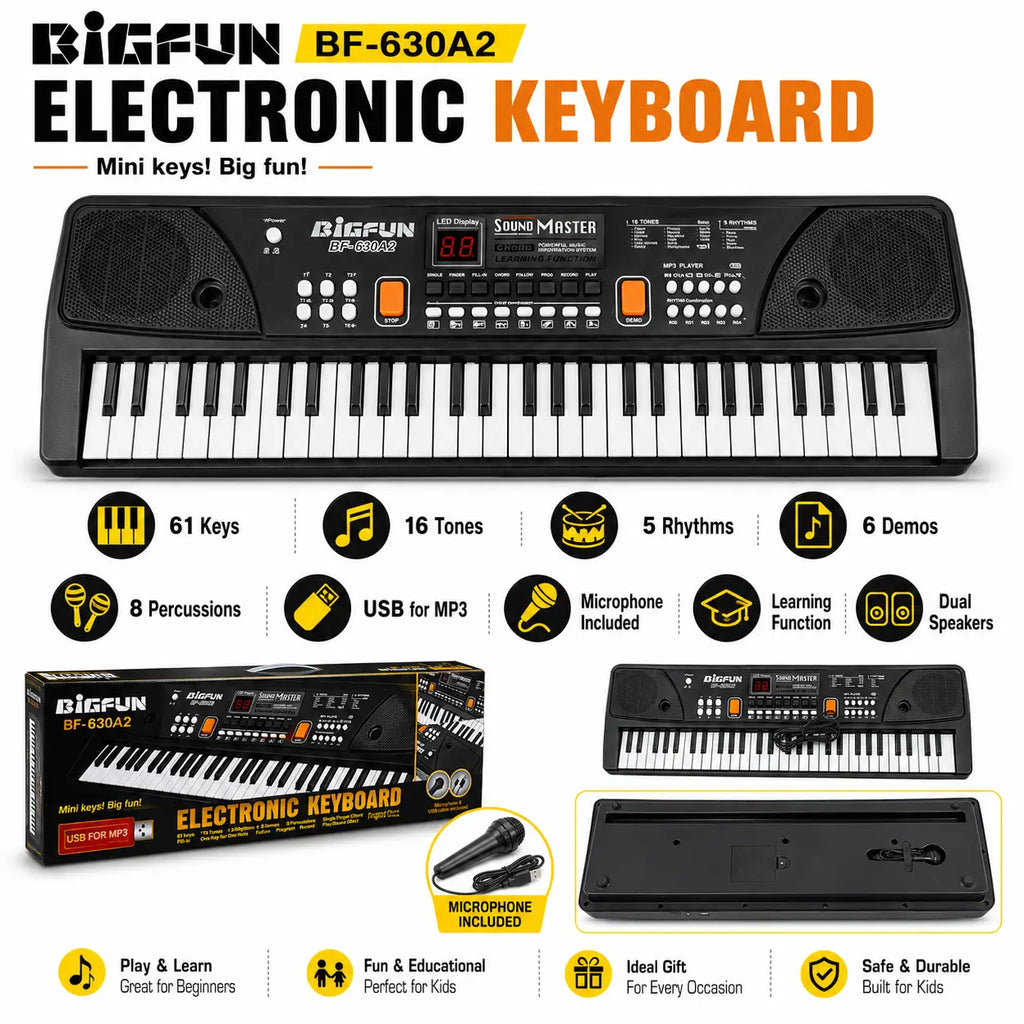 BIGFUN BF-630A2 electronic keyboard features including 61 keys, USB MP3, microphone and dual speakers