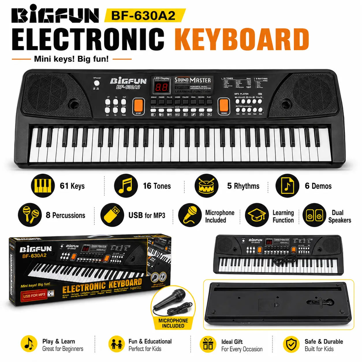 BIGFUN BF-630A2 electronic keyboard features including 61 keys, USB MP3, microphone and dual speakers
