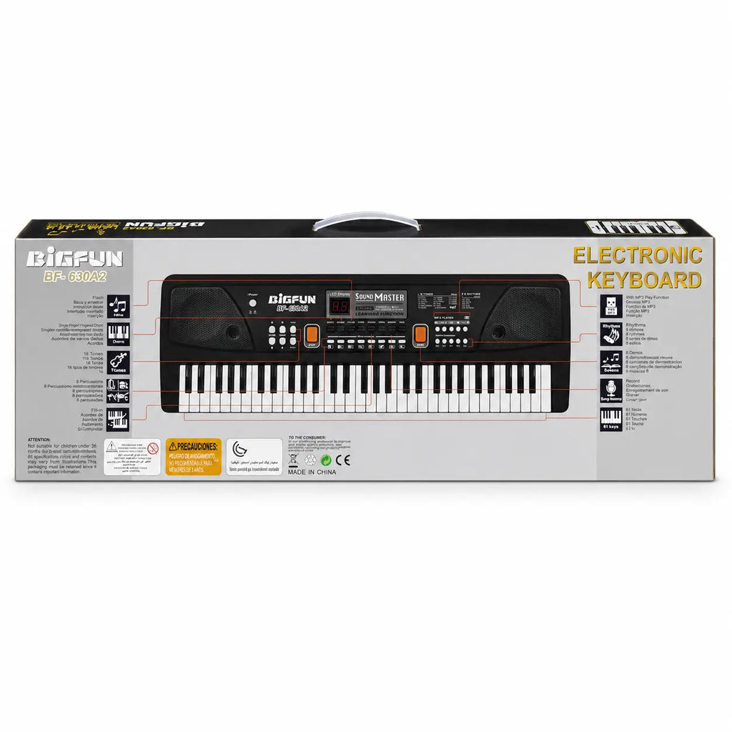 BIGFUN BF-630A2 electronic keyboard retail box back showing keyboard functions and specifications