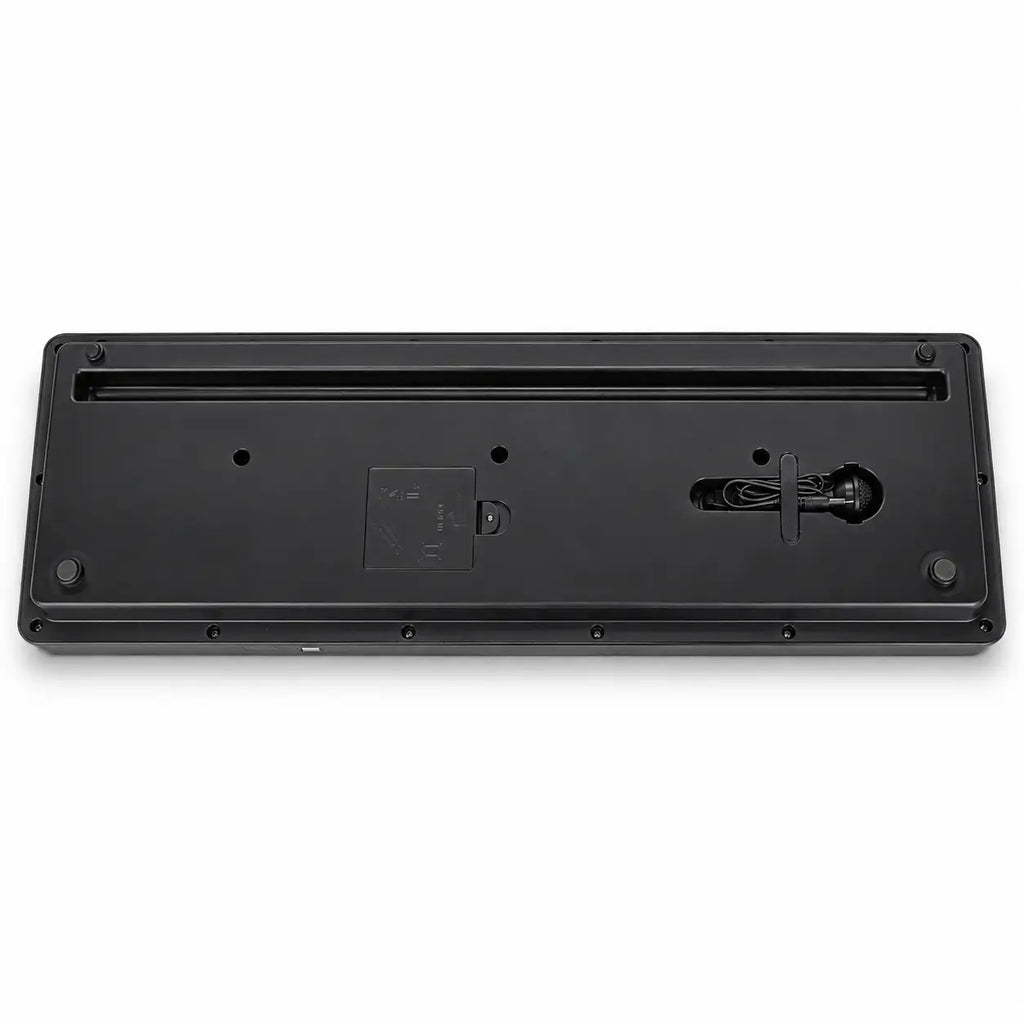 Underside view of BIGFUN BF-630A2 electronic keyboard showing battery compartment and microphone storage