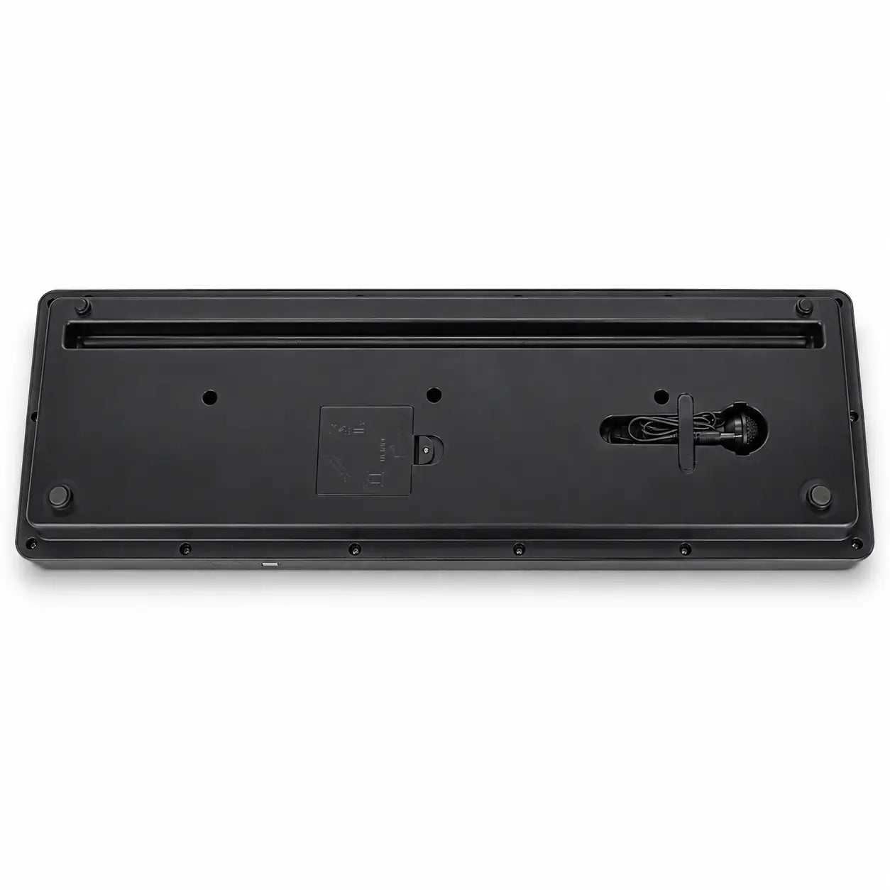 Underside view of BIGFUN BF-630A2 electronic keyboard showing battery compartment and microphone storage