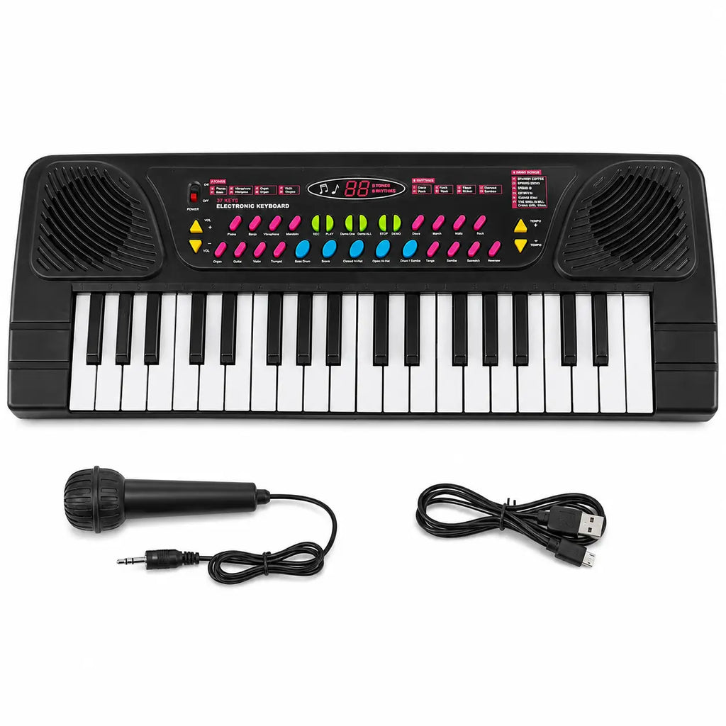 BIGFUN kids electronic keyboard with wired microphone and power cable accessories on white background