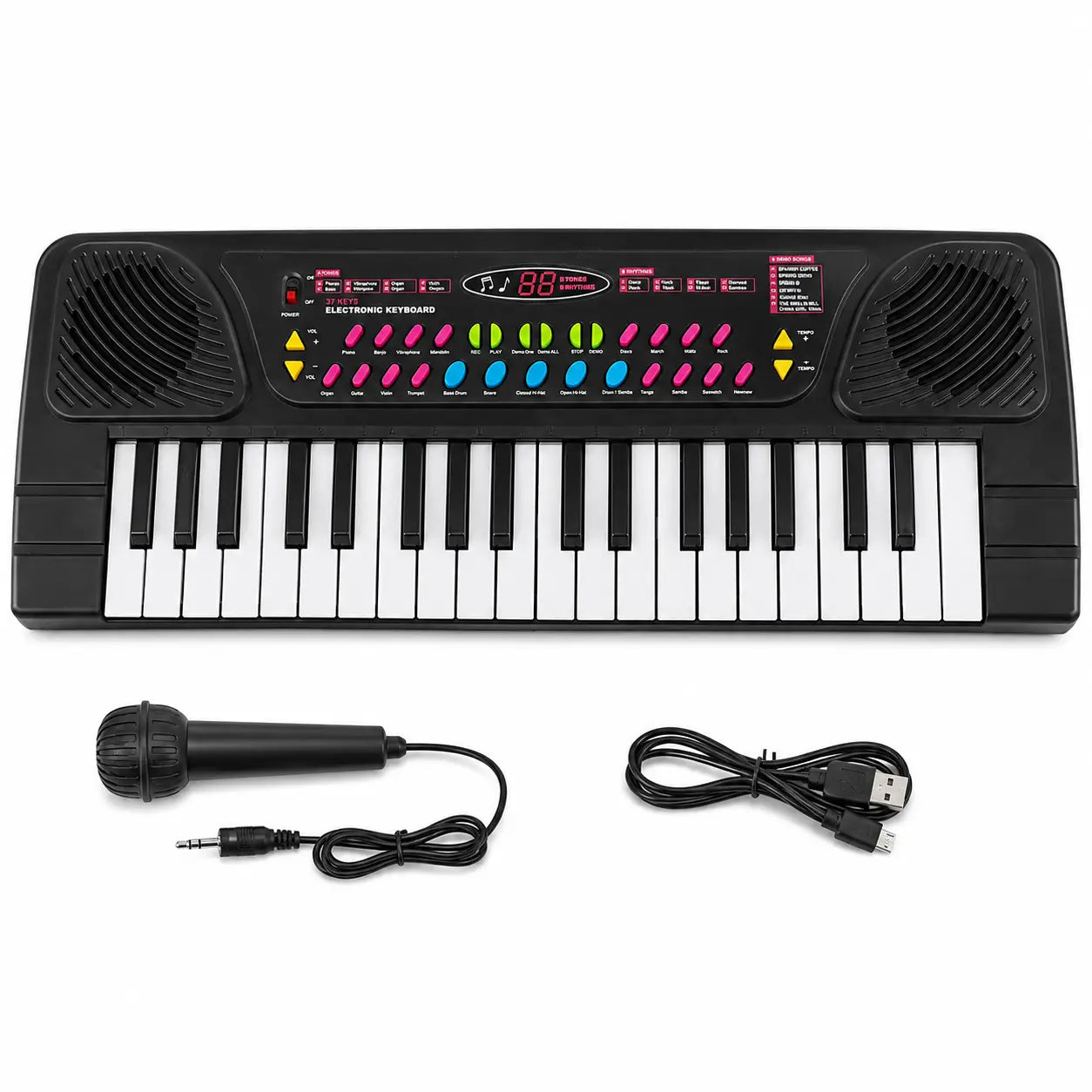 BIGFUN kids electronic keyboard with wired microphone and power cable accessories on white background