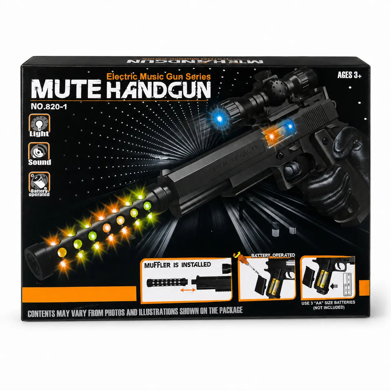 Mute Handgun toy set in its retail packaging, featuring a black electric music gun with colorful LED light effects shown on the box front.