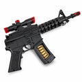 Black battery operated toy machine gun close-up with red scope and decorative bullet-style magazine