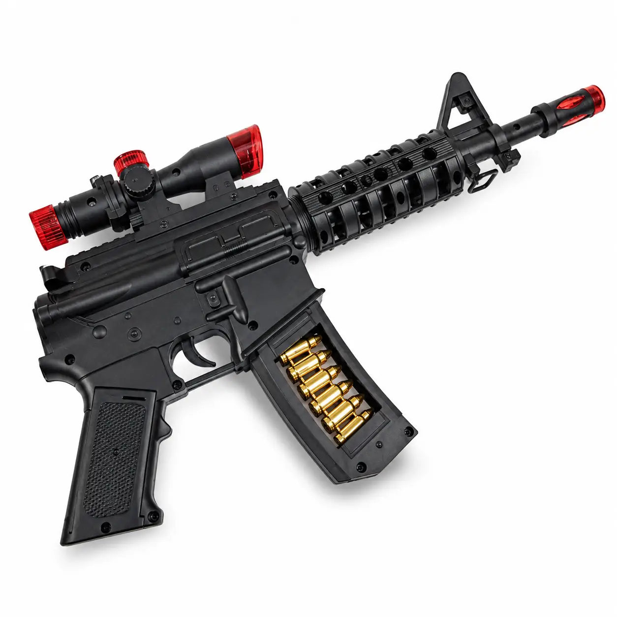 Black battery operated toy machine gun close-up with red scope and decorative bullet-style magazine