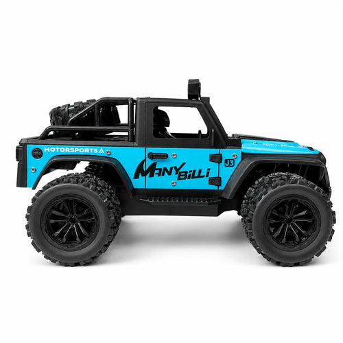 Blue 1:16 metal RC jeep with black roll cage and off-road rubber tyres