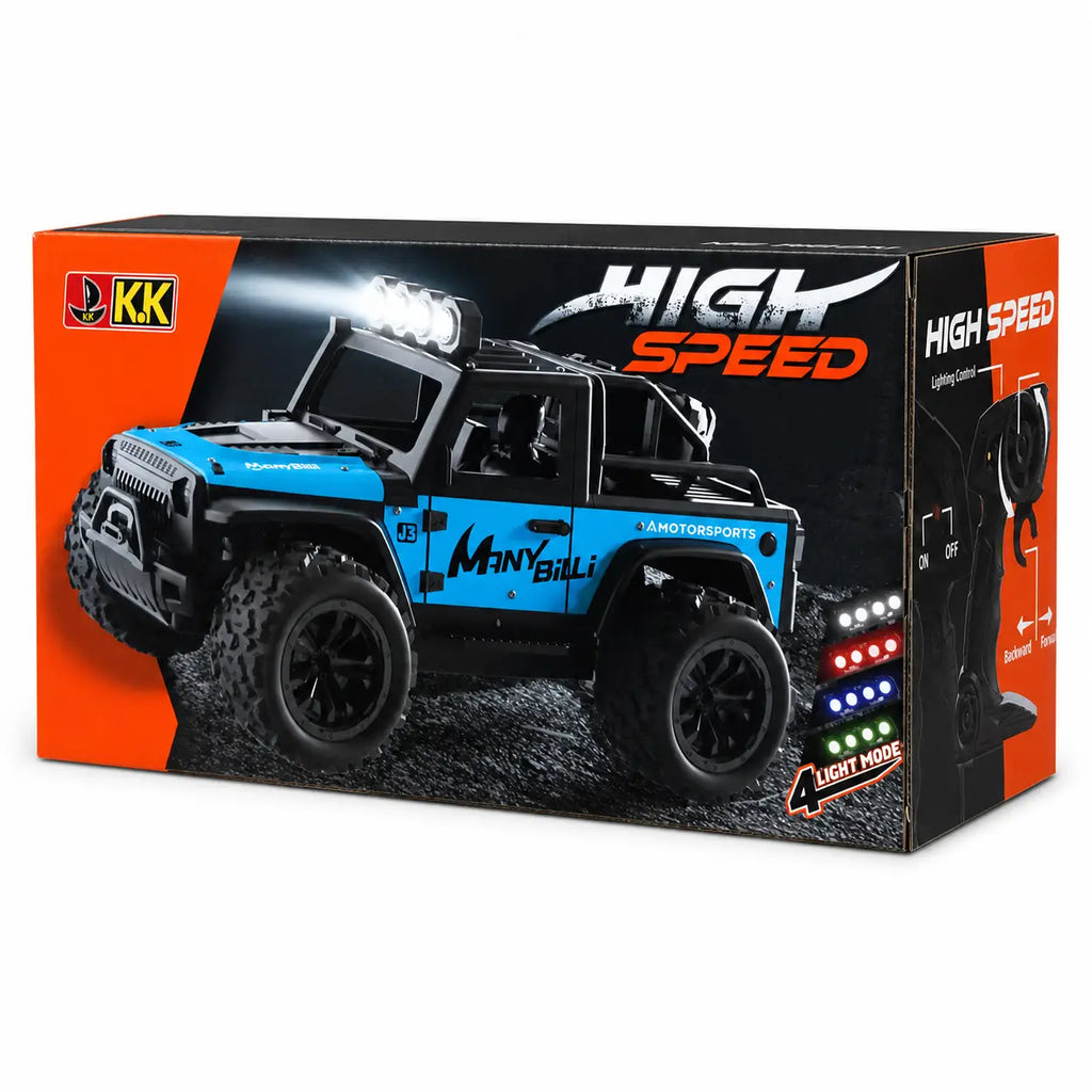 High-speed RC jeep product box from front-right angle showing remote-control panel