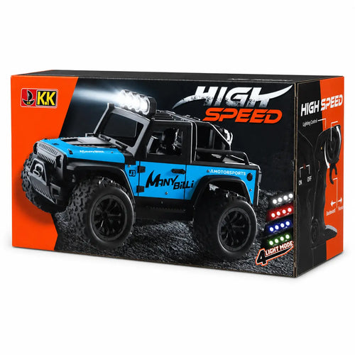 High-speed RC jeep product box from front-right angle showing remote-control panel