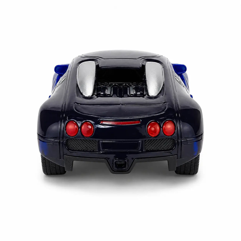 Rear view of blue and black RC racing sports car showing detailed tail lights and rear design