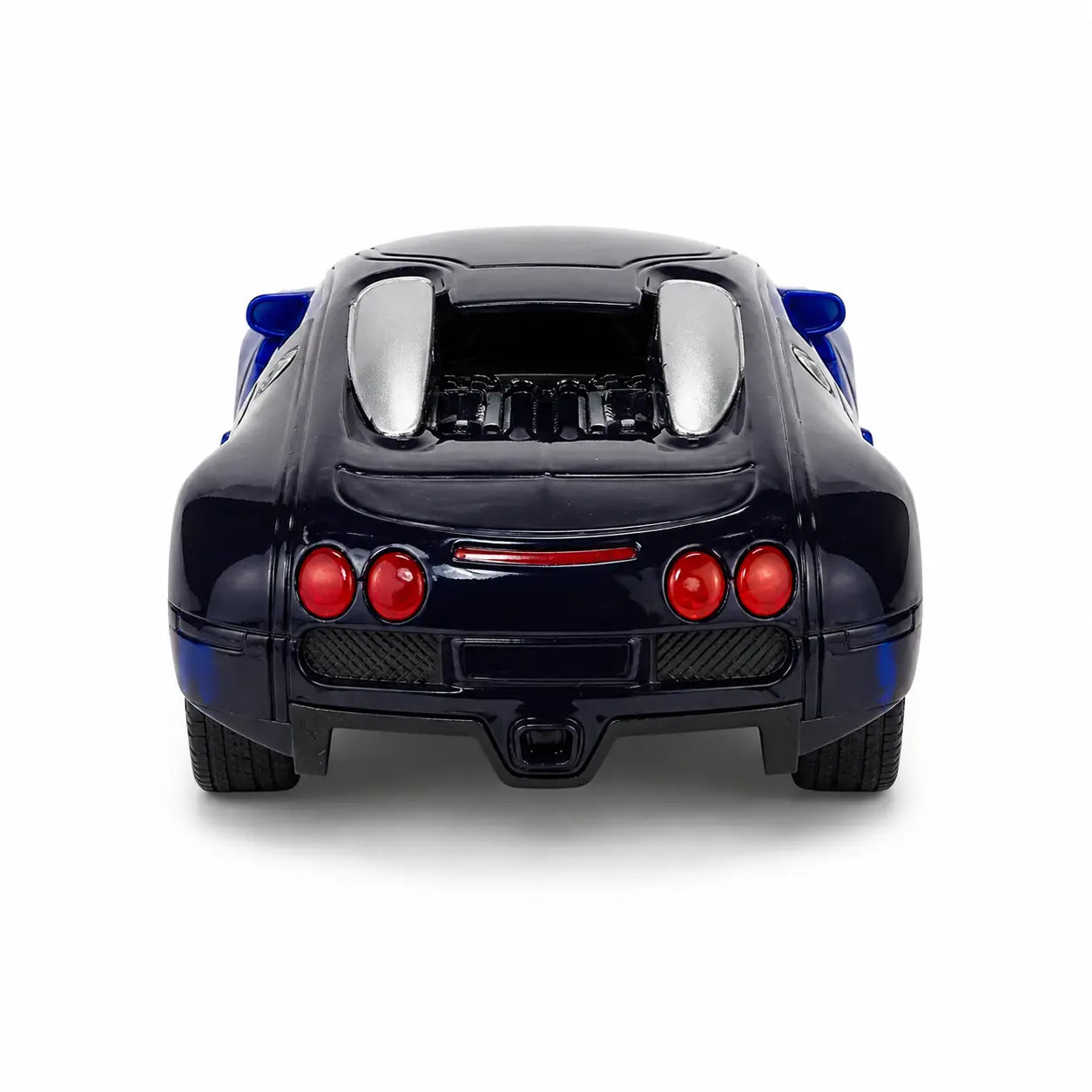 Rear view of blue and black RC racing sports car showing detailed tail lights and rear design