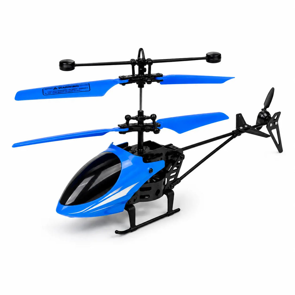A blue and black remote control toy helicopter on a clean white background.