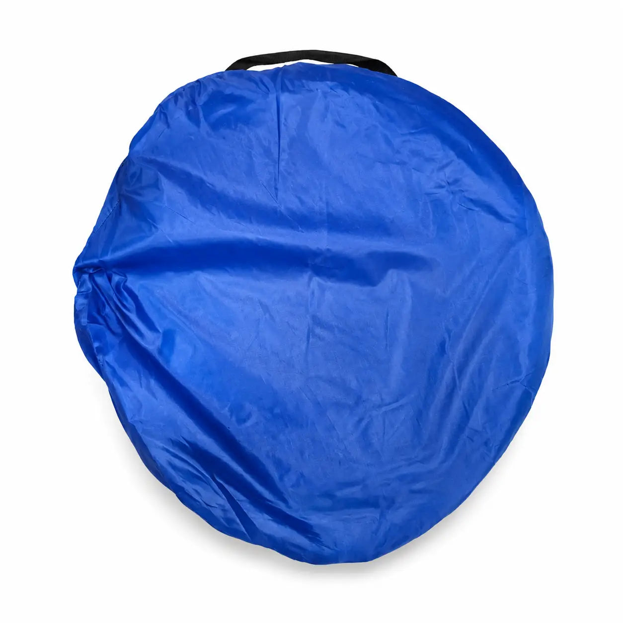 Blue foldable kids play tent packed inside compact round storage and carry bag