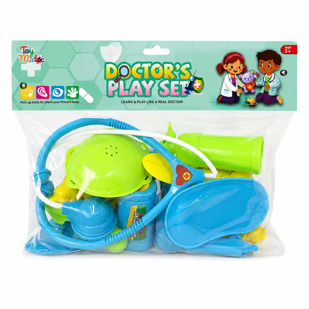 Blue and green Kids Doctor’s Play Set in retail bag with stethoscope and colorful pretend medical accessories