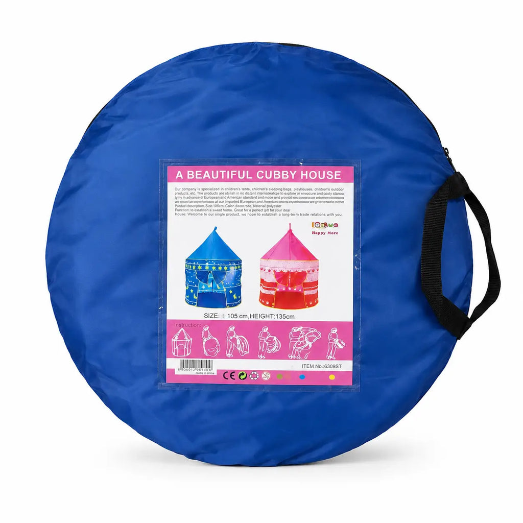Blue kids cubby house play tent folded inside round carry bag with product information label