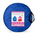 Blue kids cubby house play tent folded inside round carry bag with product information label