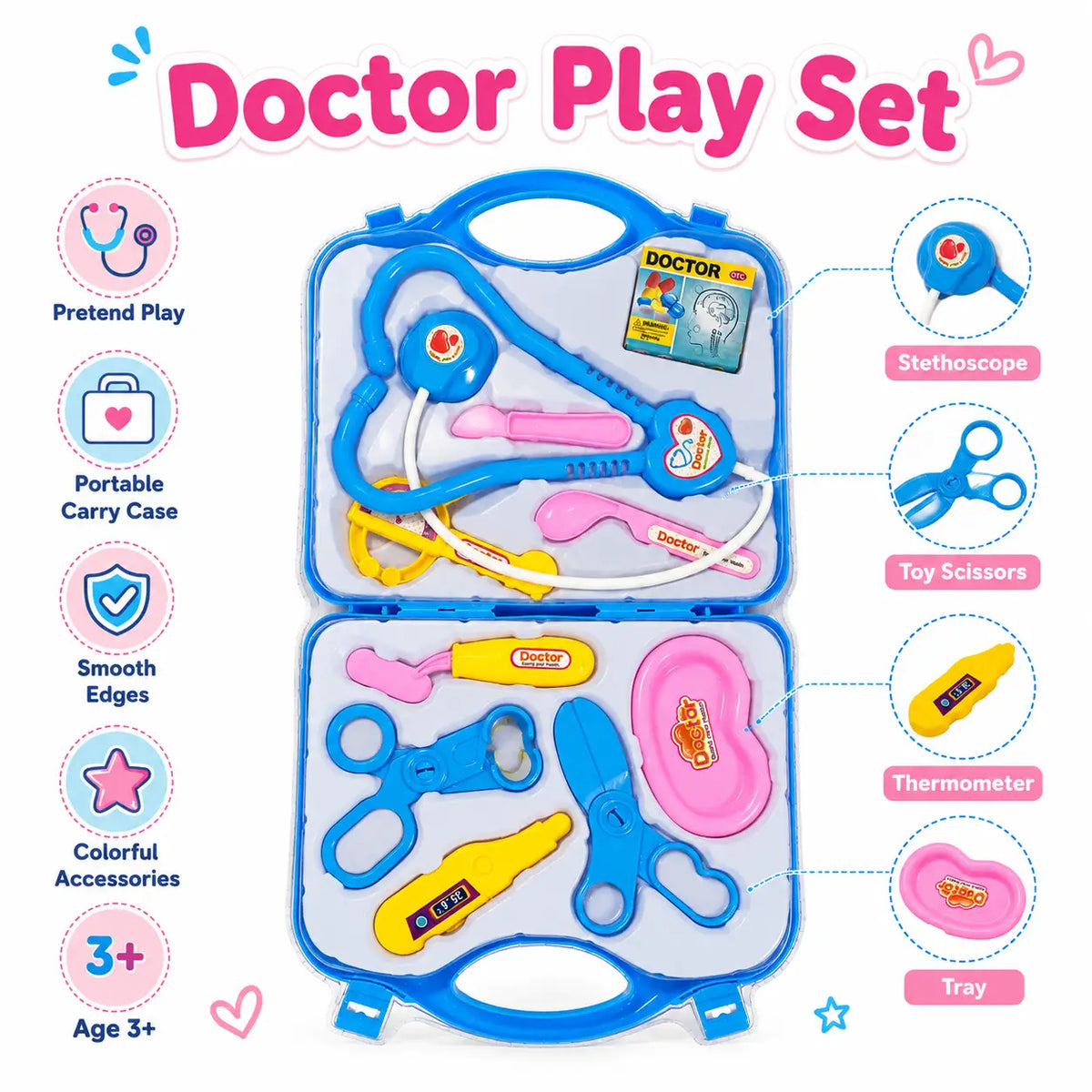 Doctor play set toy kit in a blue carrying case with stethoscope, toy scissors, thermometer, tray, and other medical accessories, shown on a white background with feature callouts and the title 'Doctor Play Set'.