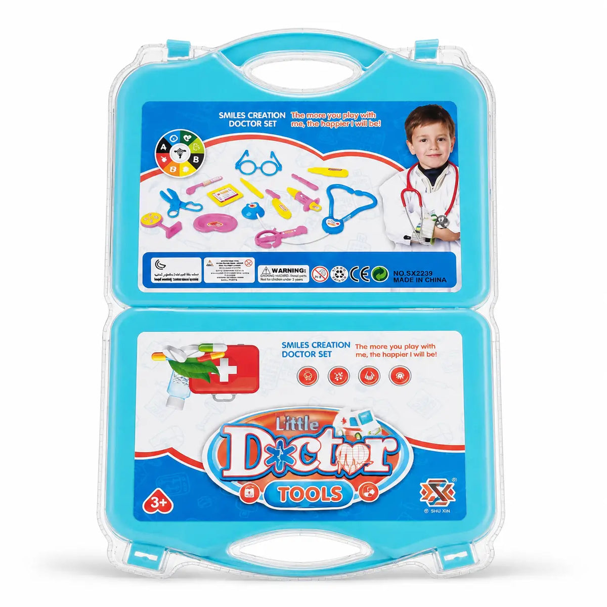 A children's toy doctor tools set in a bright blue plastic carrying case, shown open against a plain white background. The case contains colorful toy medical tools and has printed front panels with the title 'Smiles Creation Little Doctor Tools' and a photo of a child wearing a toy stethoscope.